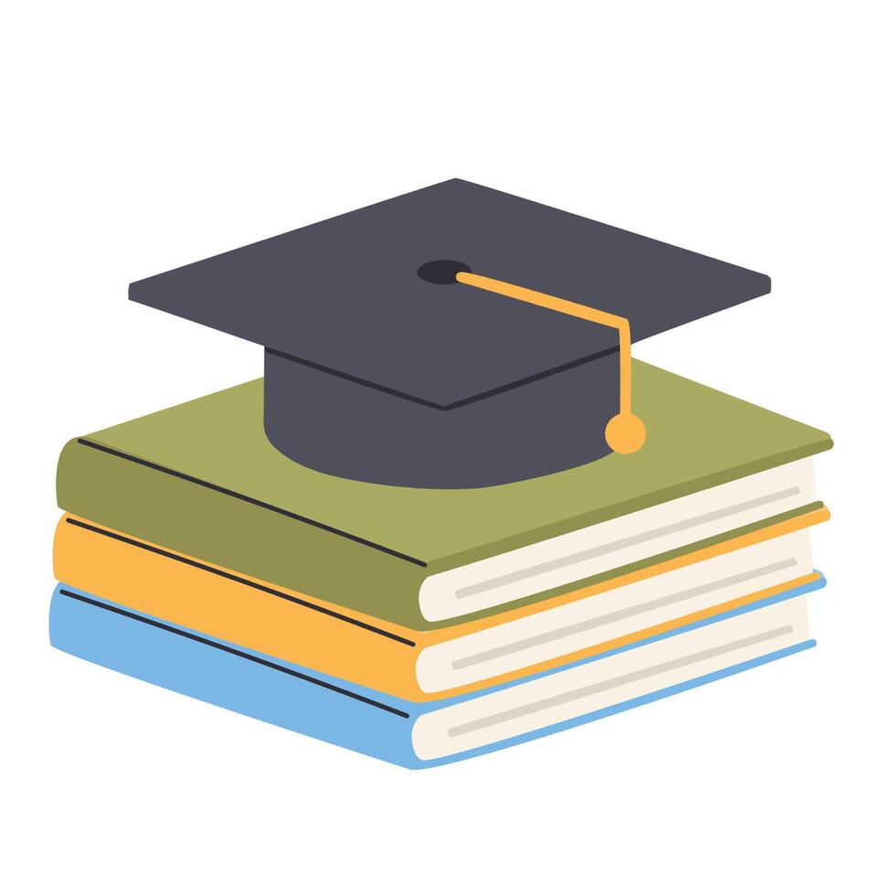 Graduation cap on stack of books. illustration in flat style vector