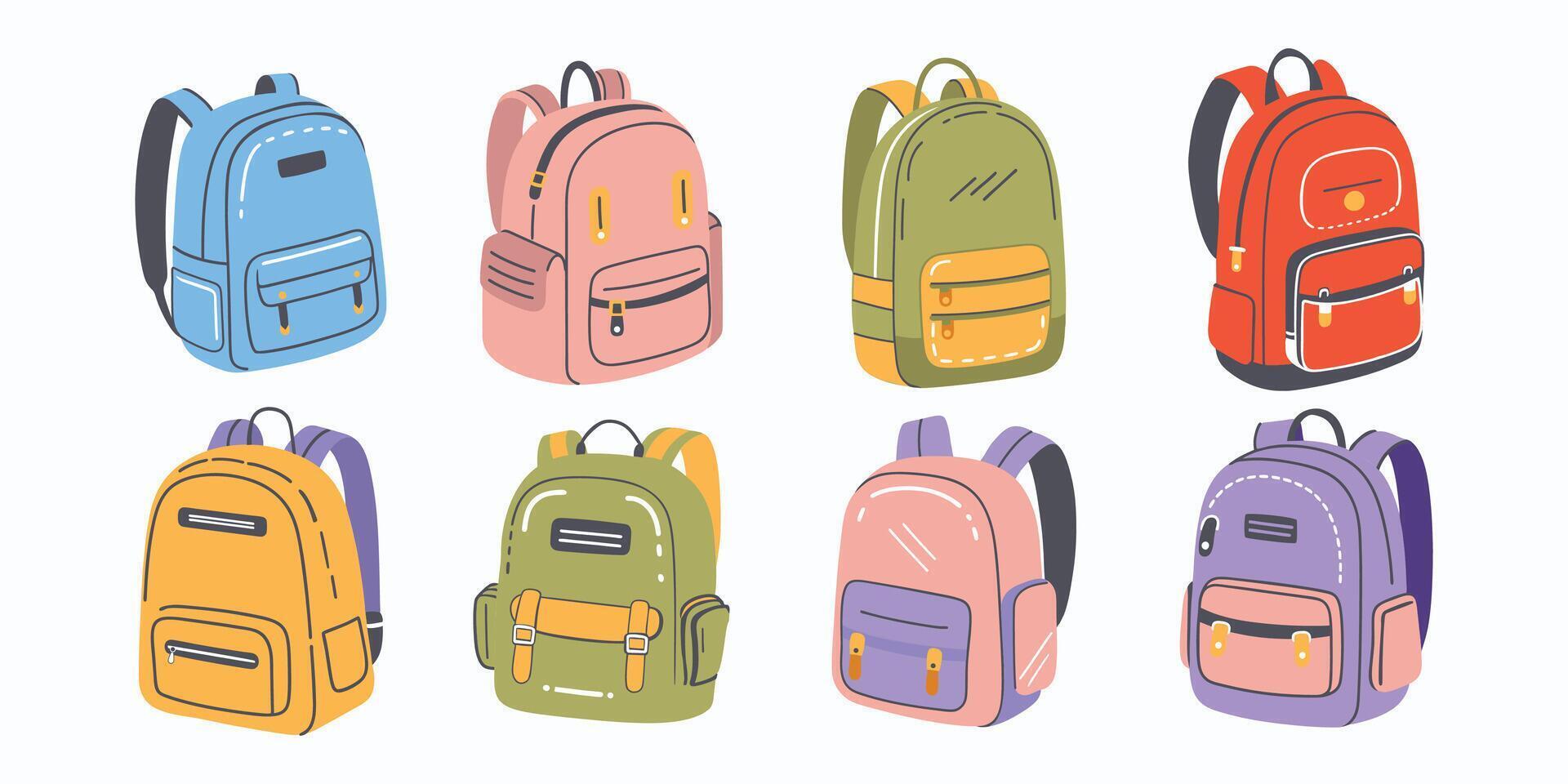 Set of different school backpacks. illustration in flat style. vector