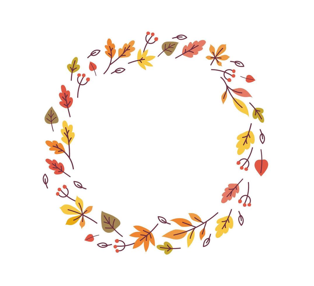 Autumn cute berries and leaves in circle wreath on white background. Fall doodle frame illustration vector