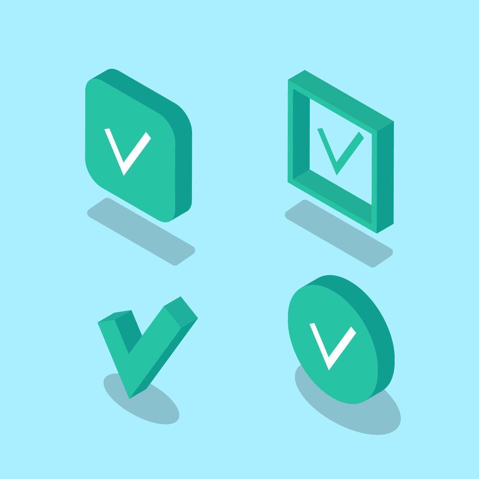 Isometric checkmark sign. OK green icon. 3D flat confirmation symbol for a mobile app or web vector