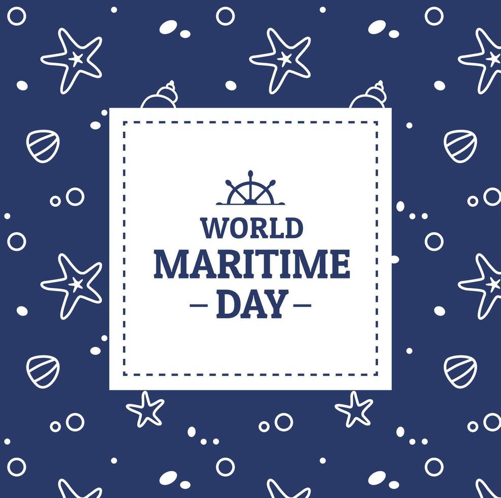 World Maritime Day card or banner design template with ship rudder symbol and text. Blue background with seashells and starfish pattern vector