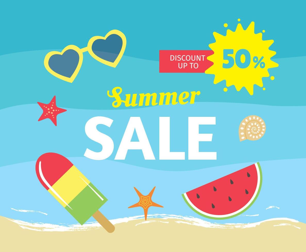 Cute Summer Sale banner or flyer template with different items such as ice cream, watermelon slice, sea star and sunglasses on beach background. Discount up to 50 vector