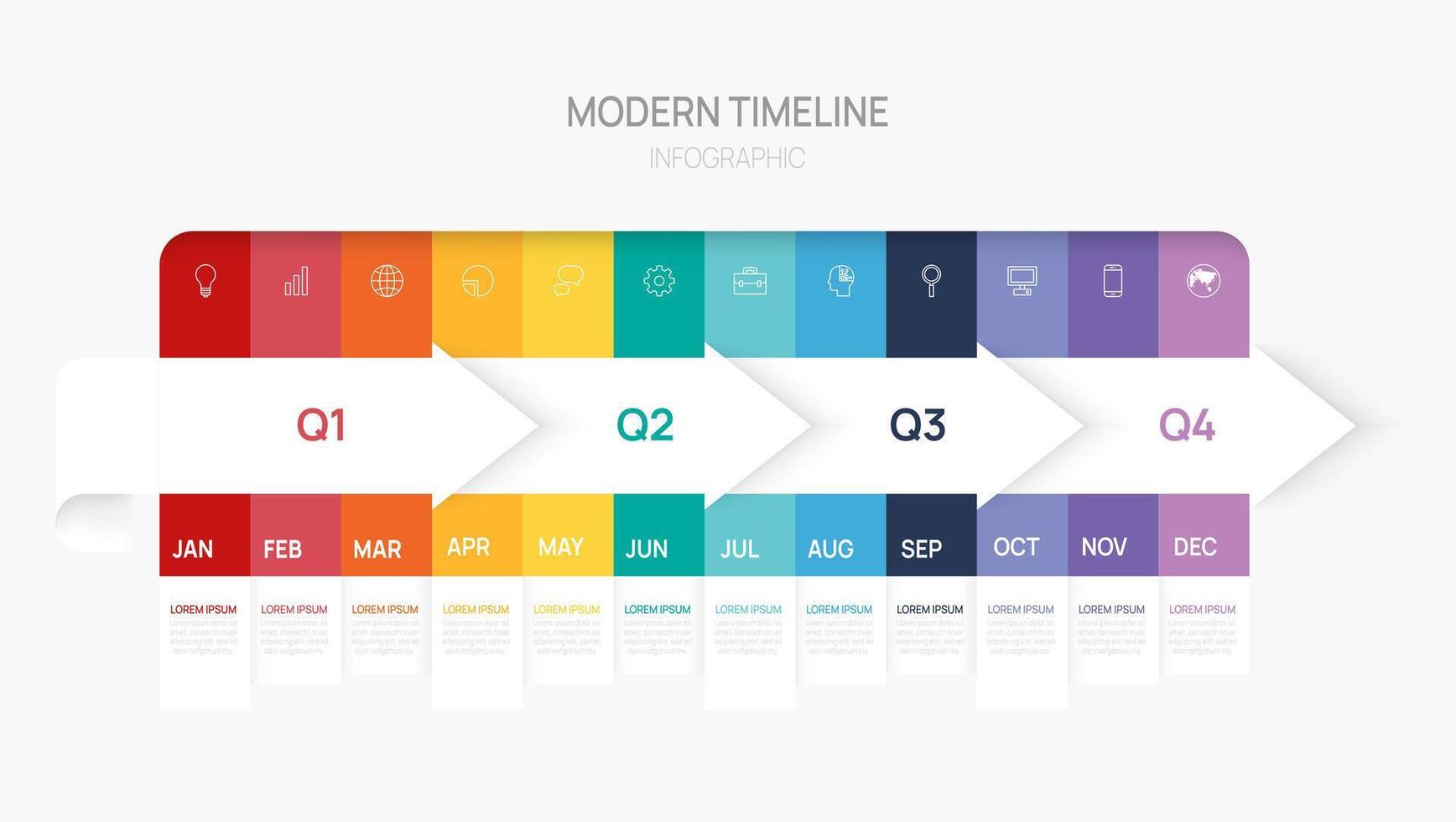 Business step arrow timeline infographic template. Modern milestone timeline calendar and 4 quarter topics, infographics. vector