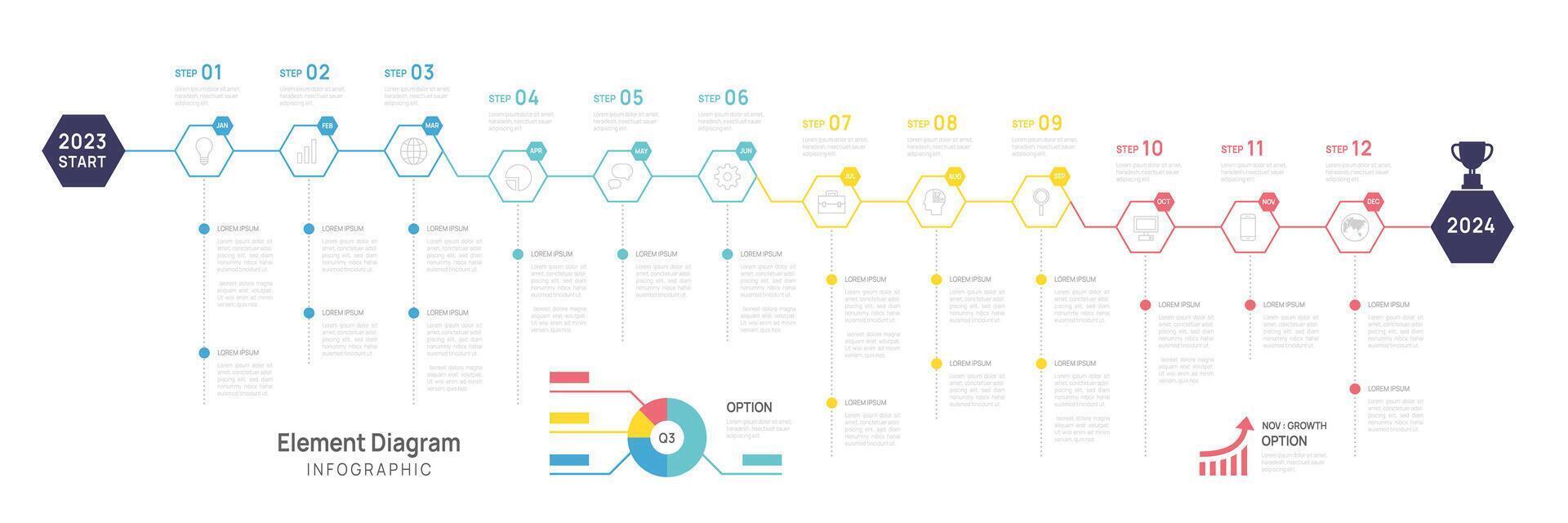 Infographic business template. 12 Months modern Timeline element diagram calendar, 4 quarter steps milestone presentation infographic. vector