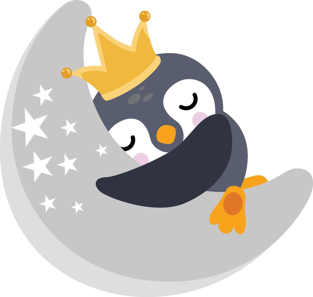 Cute penguin sleeping on moon with crown on head vector