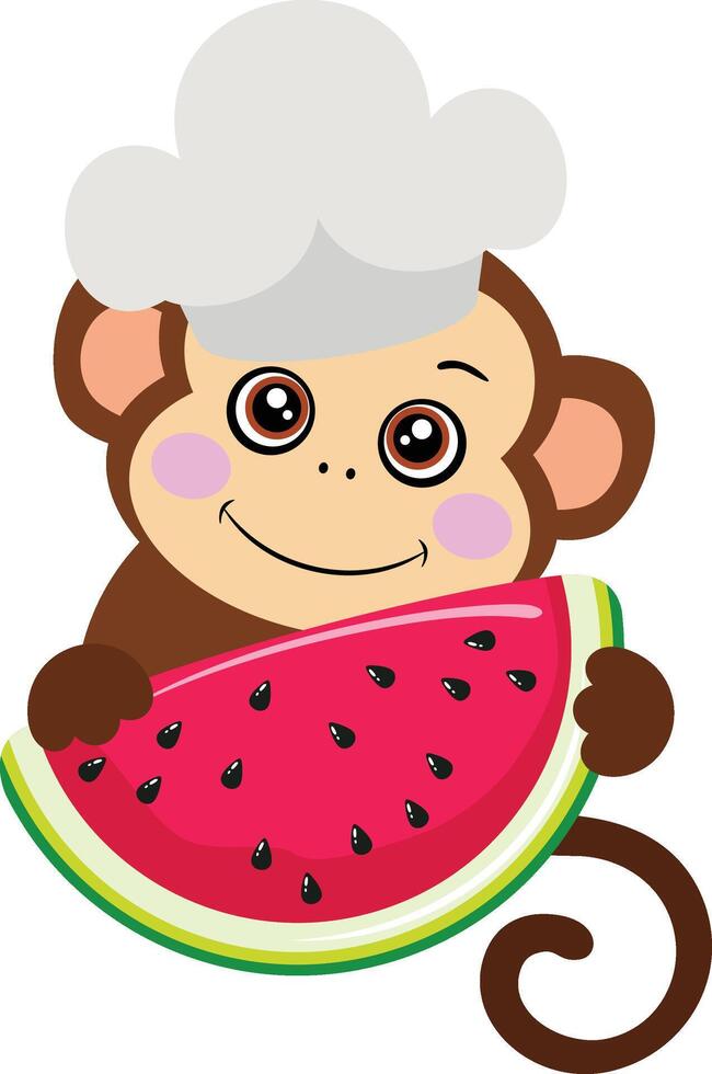 Monkey cook holding slice of fresh watermelon vector