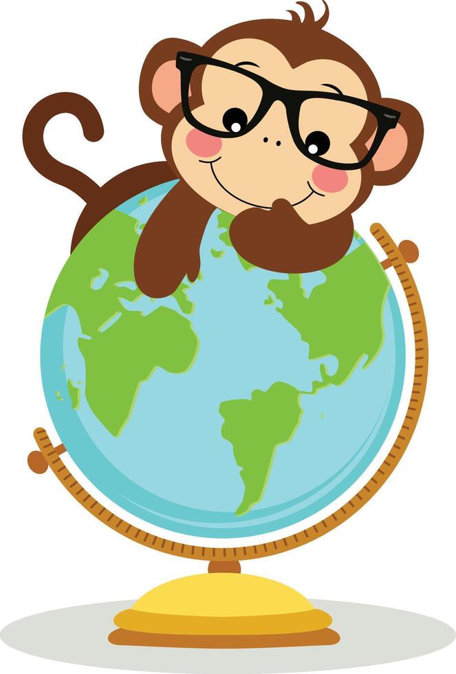 Cute monkey on the world globe vector