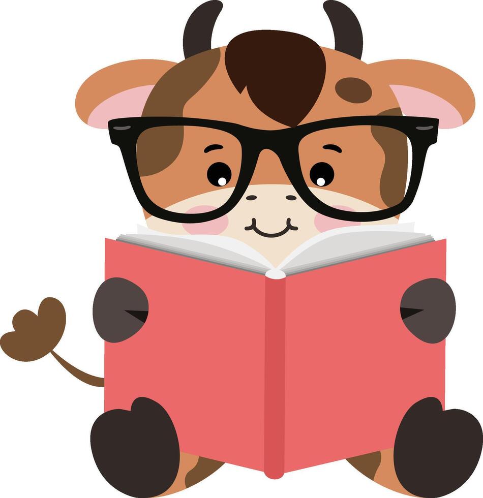Cute cow sitting reading a book vector