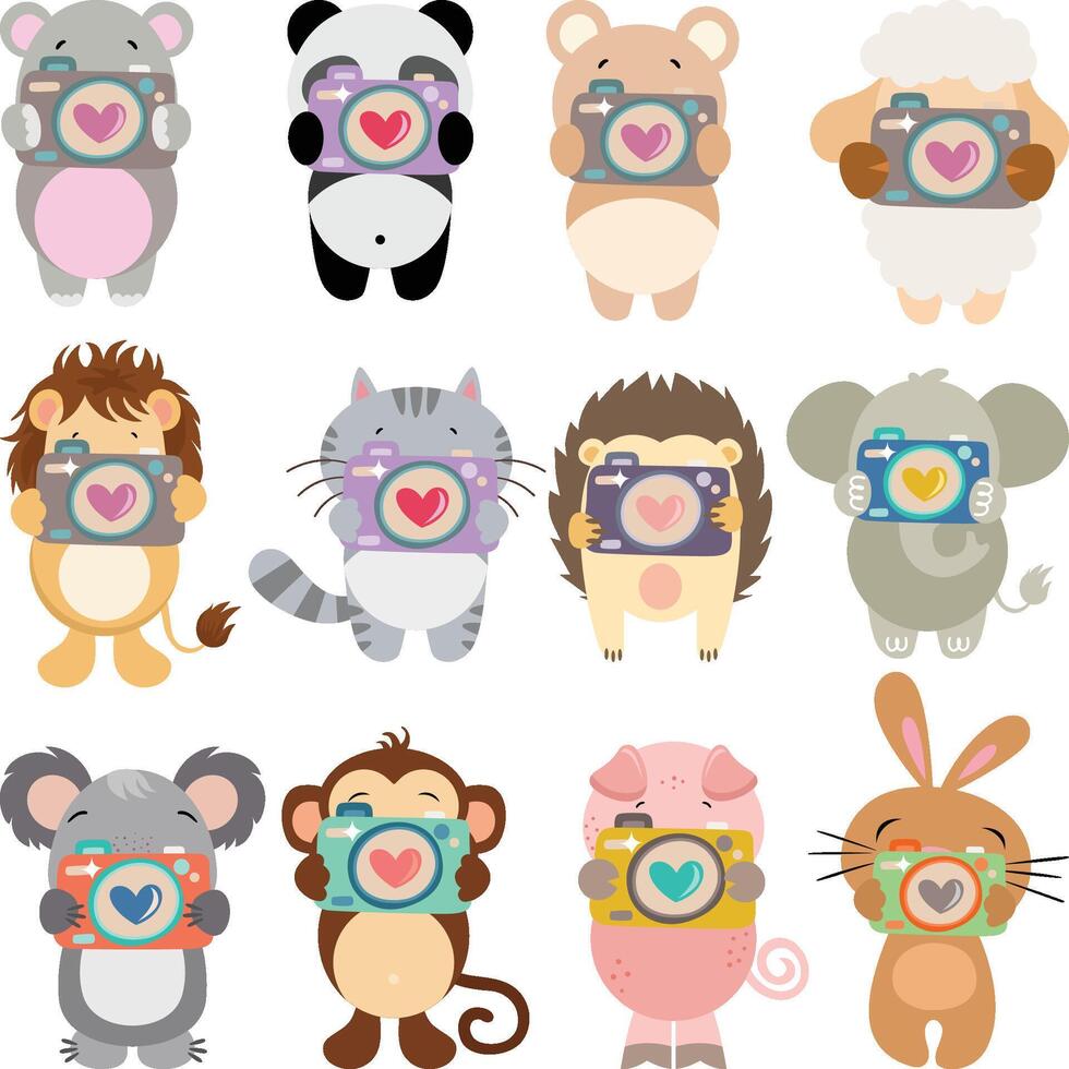 Set digital collage of cute animals with a camera vector