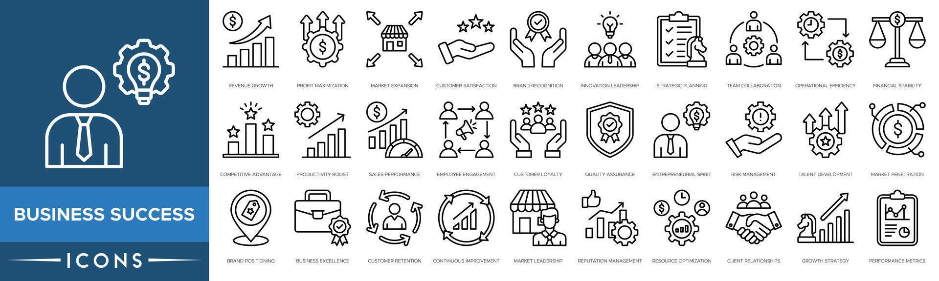 Business Success icon set.Revenue Growth, Profit Maximization, Market Expansion, Customer Satisfaction, Brand Recognition, Innovation Leadership, Strategic Planning and Team Collaboration vector