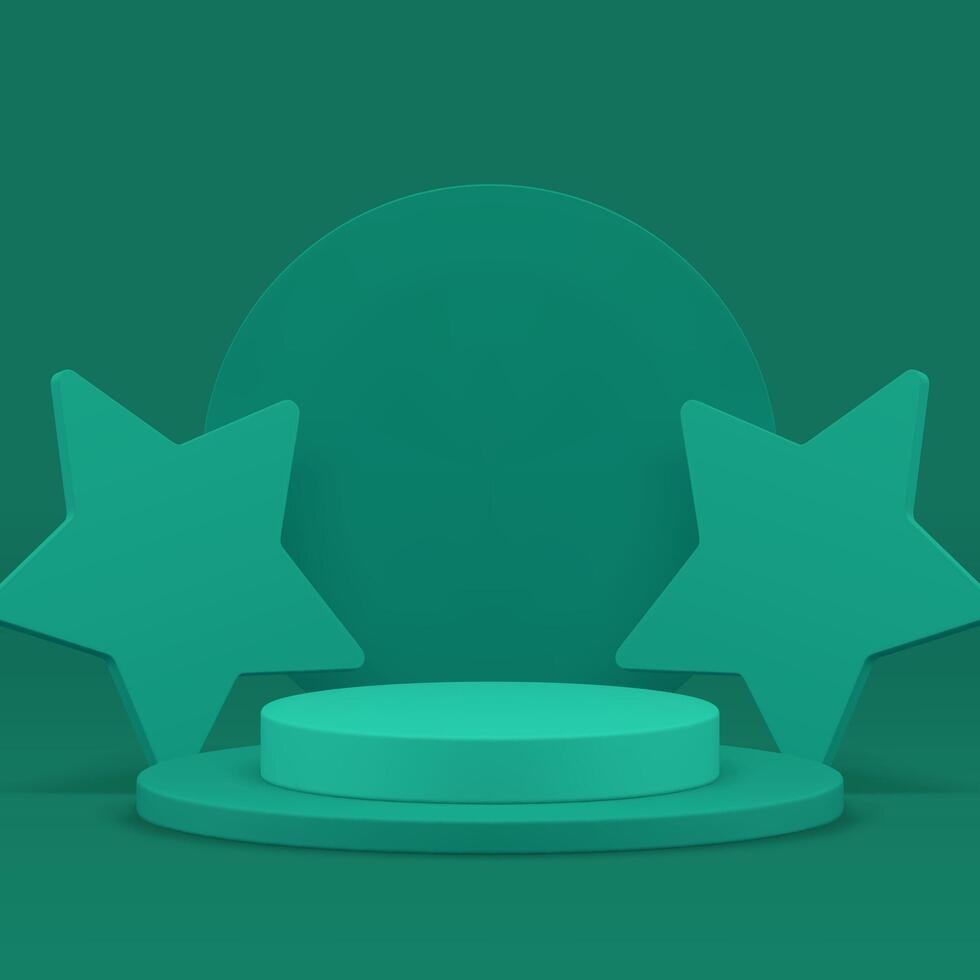 3d green cylinder podium pedestal with stars for presentation realistic illustration vector