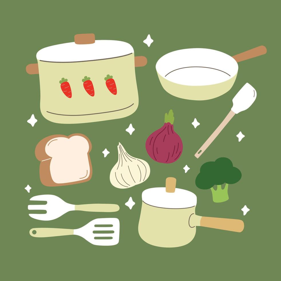 CUTE KITCHEN TOOLS WITH VEGETABLES vector