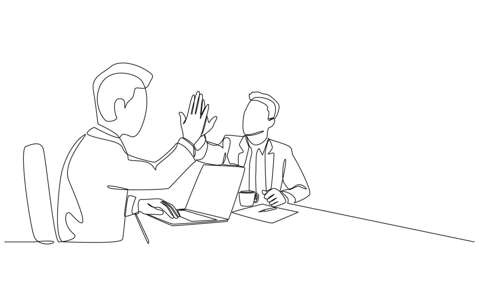 Continuous one line drawing of businessman and colleague giving high five gestures to support business plan, idea support, encouragement in work concept, single line art. vector