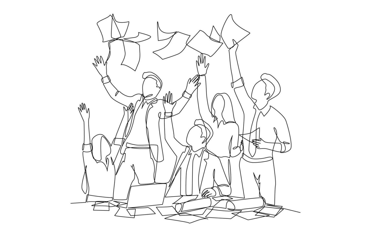 Continuous one line drawing of businesspeople throwing papers into the air to celebrate successful project, teamwork celebration concept, single line art. vector