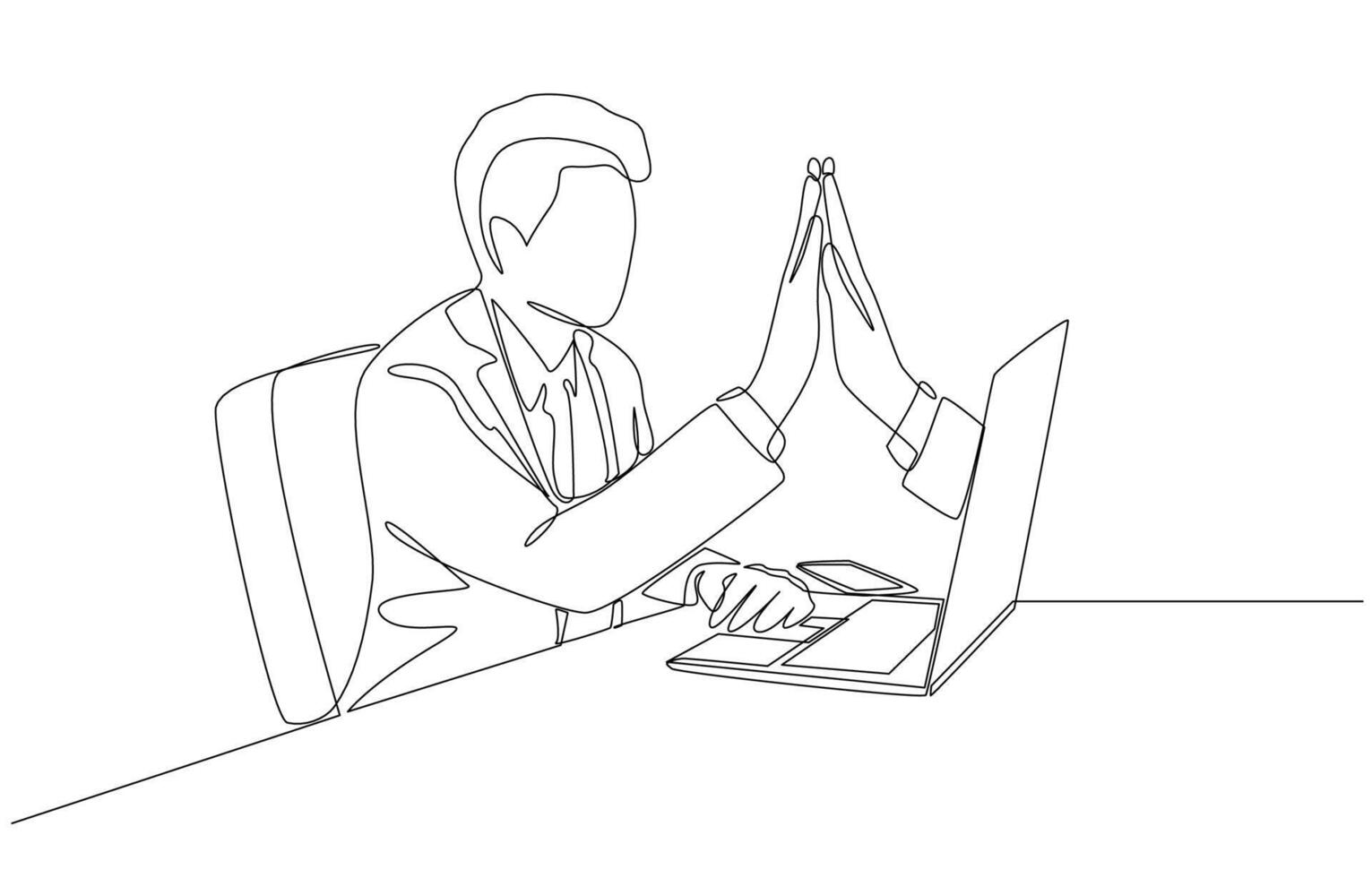 Continuous one line drawing of business colleagues giving high five through laptop screen, virtual high five gesture to agree to work together concept, single line art. vector