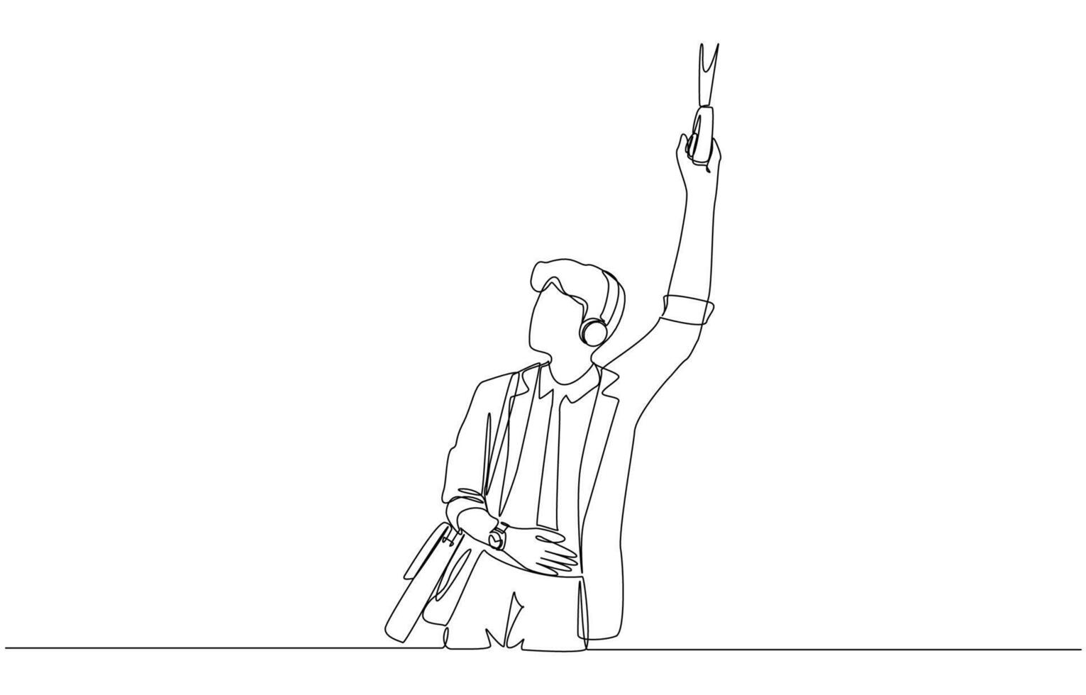 Continuous one line drawing of businessman holding metro handrail and wearing headphone, commuting to work by public transportation concept, single line art. vector