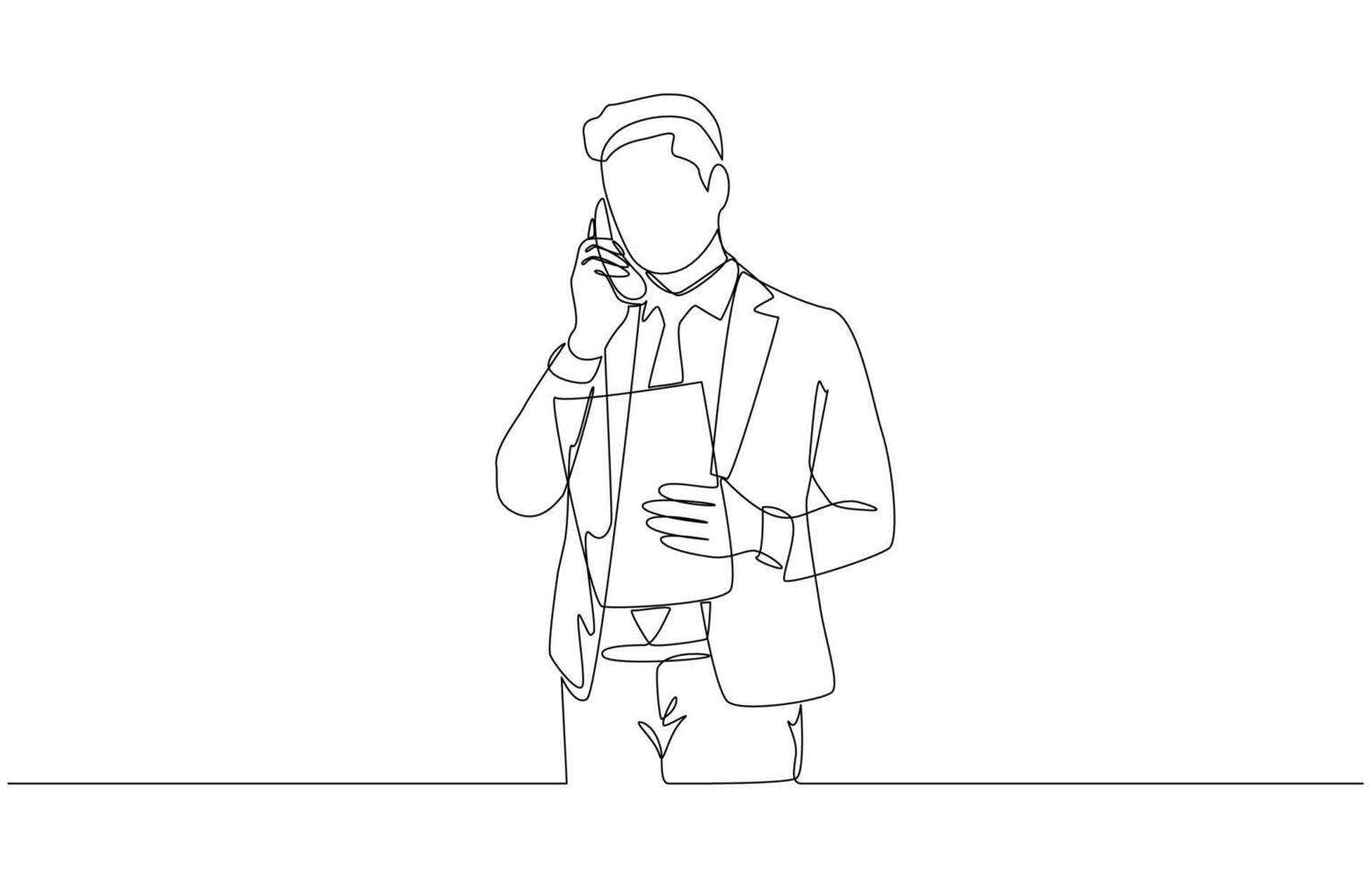 Continuous one line drawing of businessman holding document and making phone call, business communication concept, single line art. vector