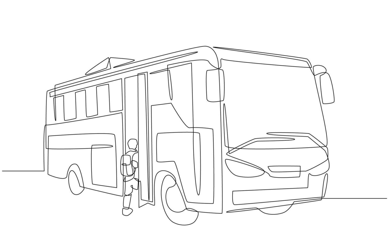 Continuous one line drawing of student walking into school bus, go to school concept, single line art. vector