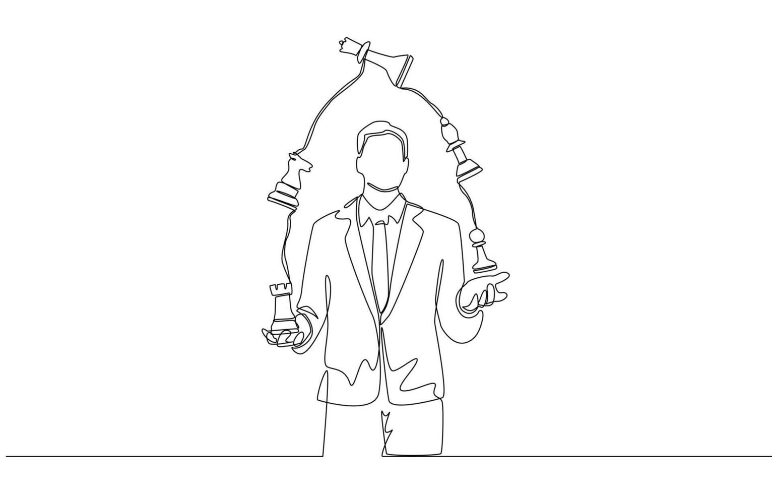 Continuous one line drawing of businessman juggling chess pieces, strategy for business, marketing strategist professional concept, single line art. vector