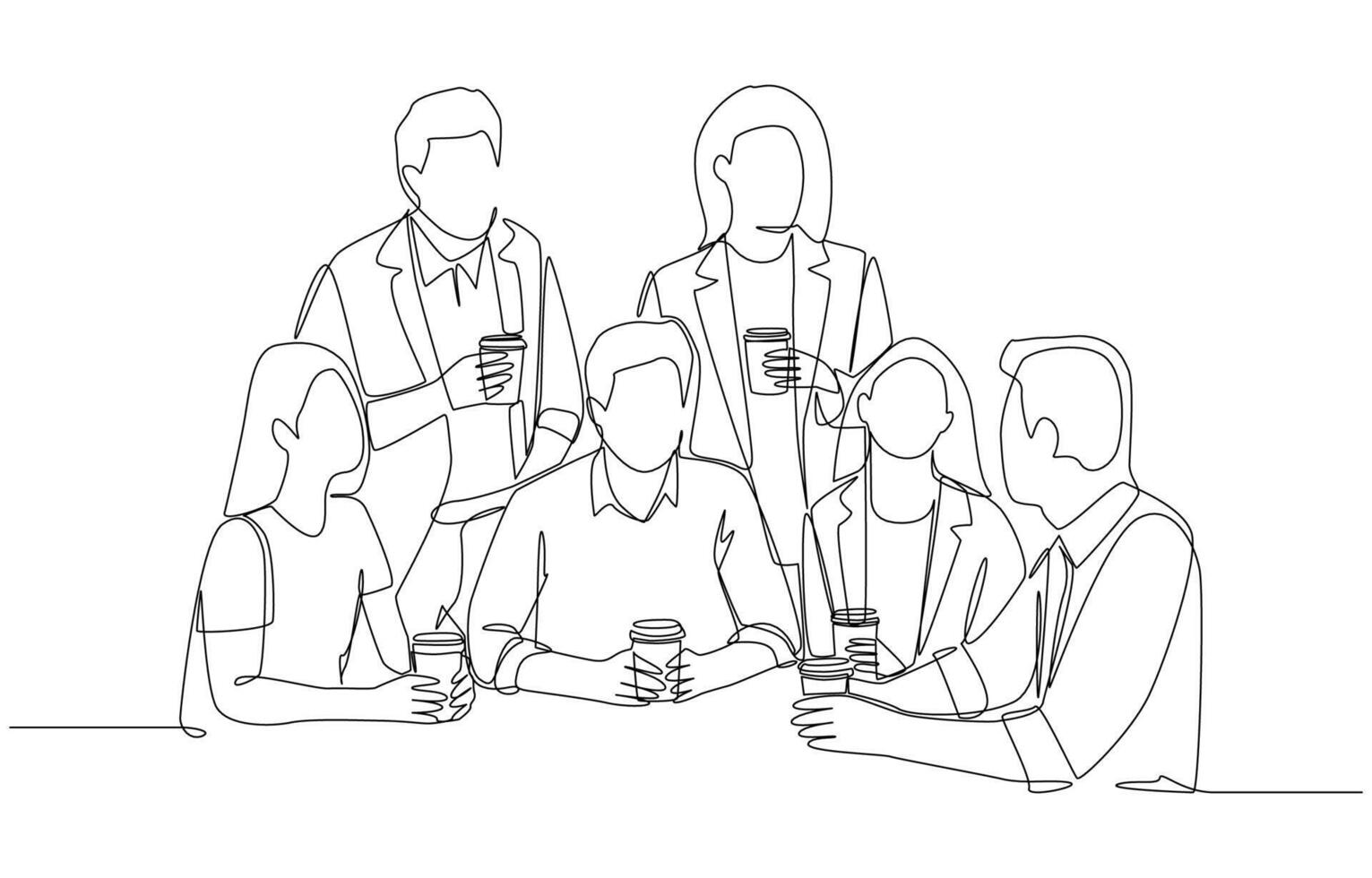 Continuous one line drawing of office workers holding coffee cups and chatting leisurely, coffee break in office concept, single line art. vector