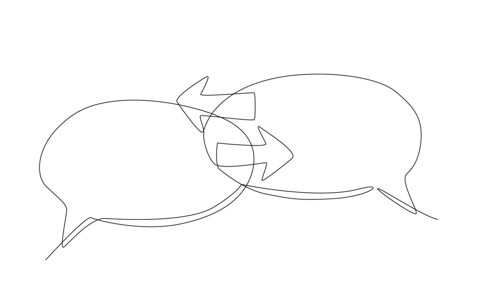 Continuous one line drawing of speech bubbles with arrows in opposite directions, exchange of opinions concept, single line art. vector