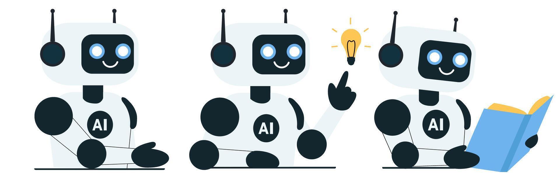 Set of cute AI robot illustrations vector