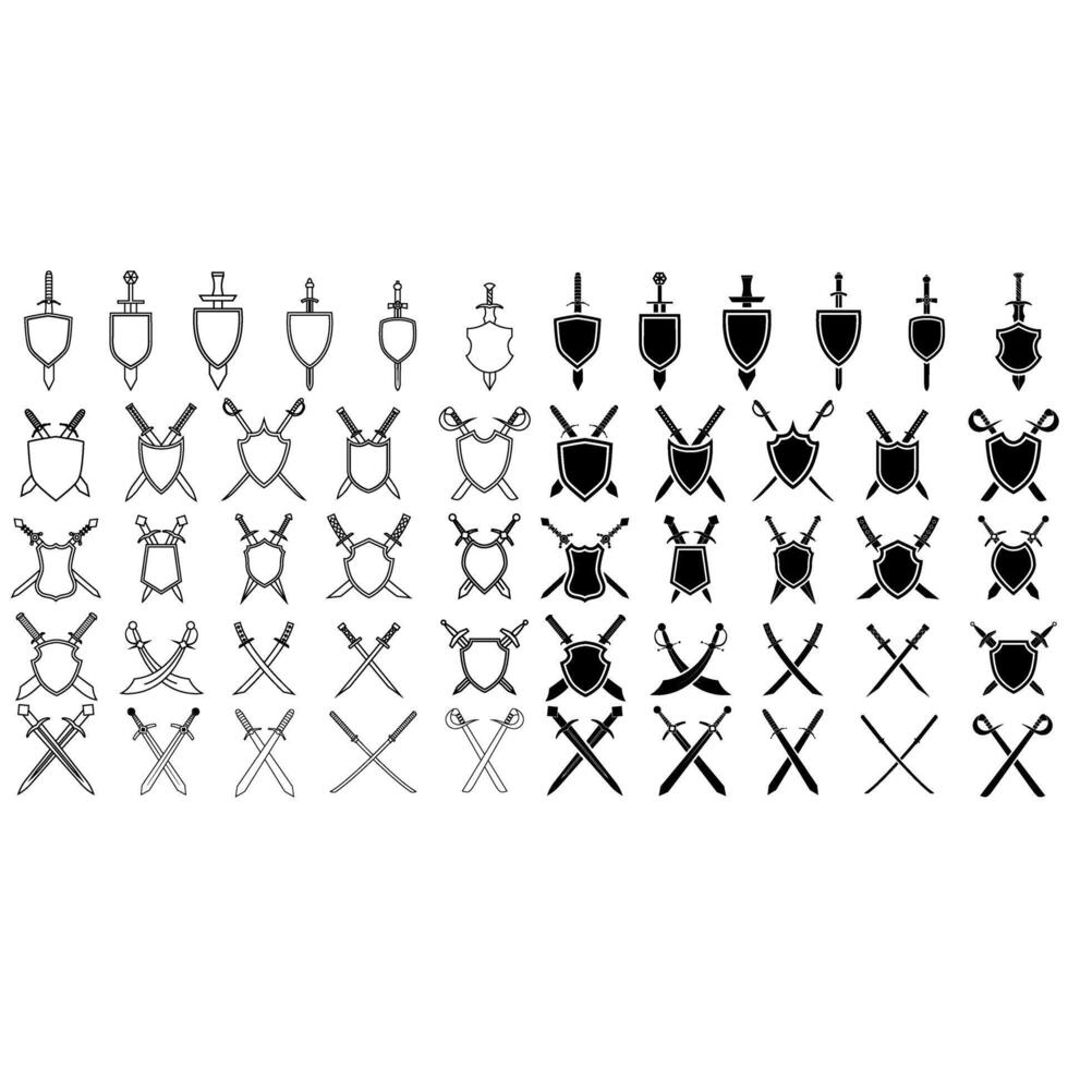 Shield and sword icon set. Shield illustration sign collection. Sword symbol or logo. vector