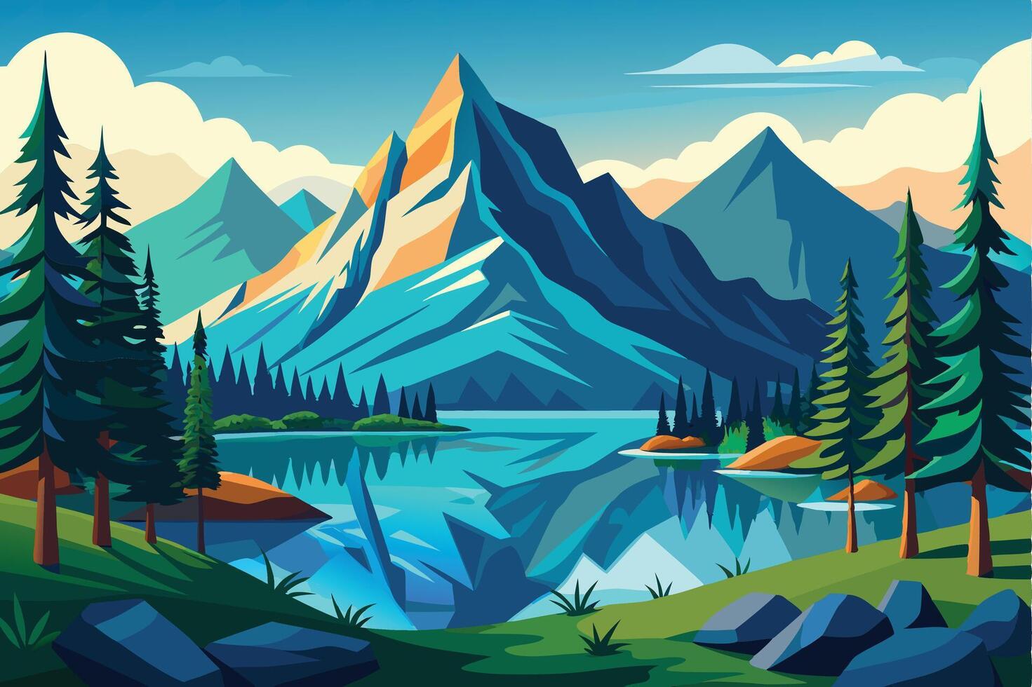 Mountain with pine trees and lake landscape vector
