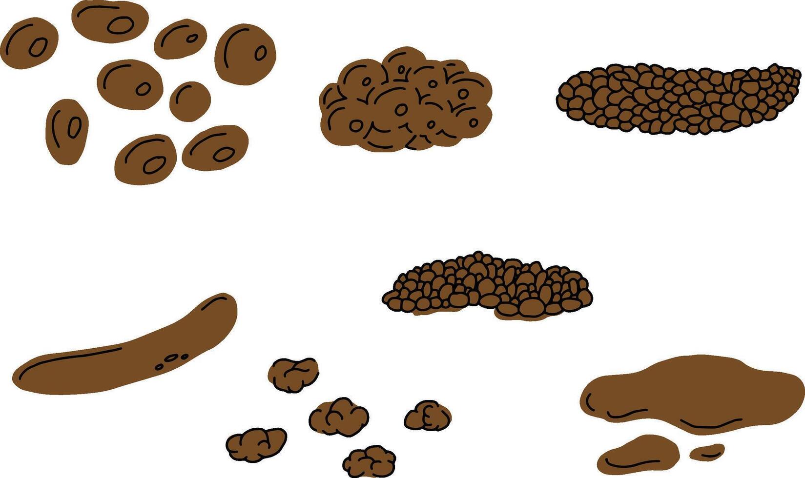 Poop excrement for medical check up. Bristol scale - constipation, normal and diarrhea. Hard, soft, watery type of poo. illustration vector