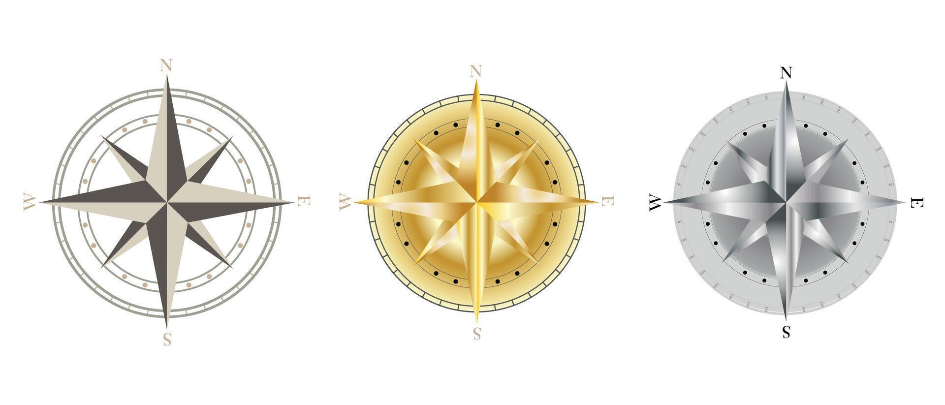 Three bright compasses on a white background. Wind rose, navigation equipment. vector