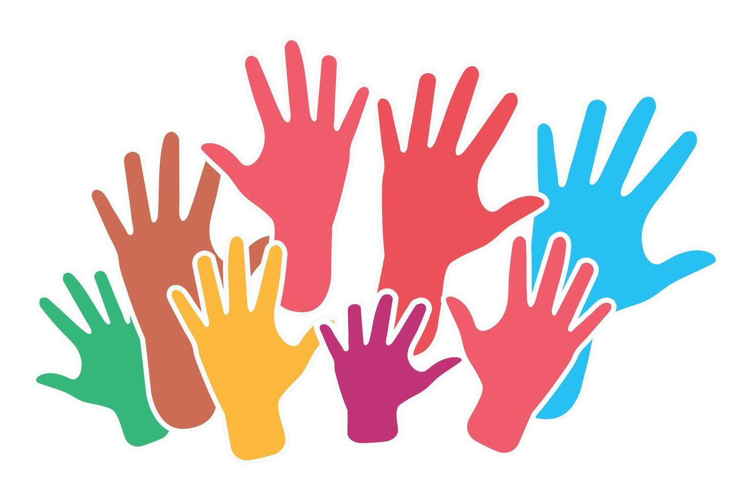 Many hands raised up, multi-colored hands on a white background. People's hands are raised in the air. vector