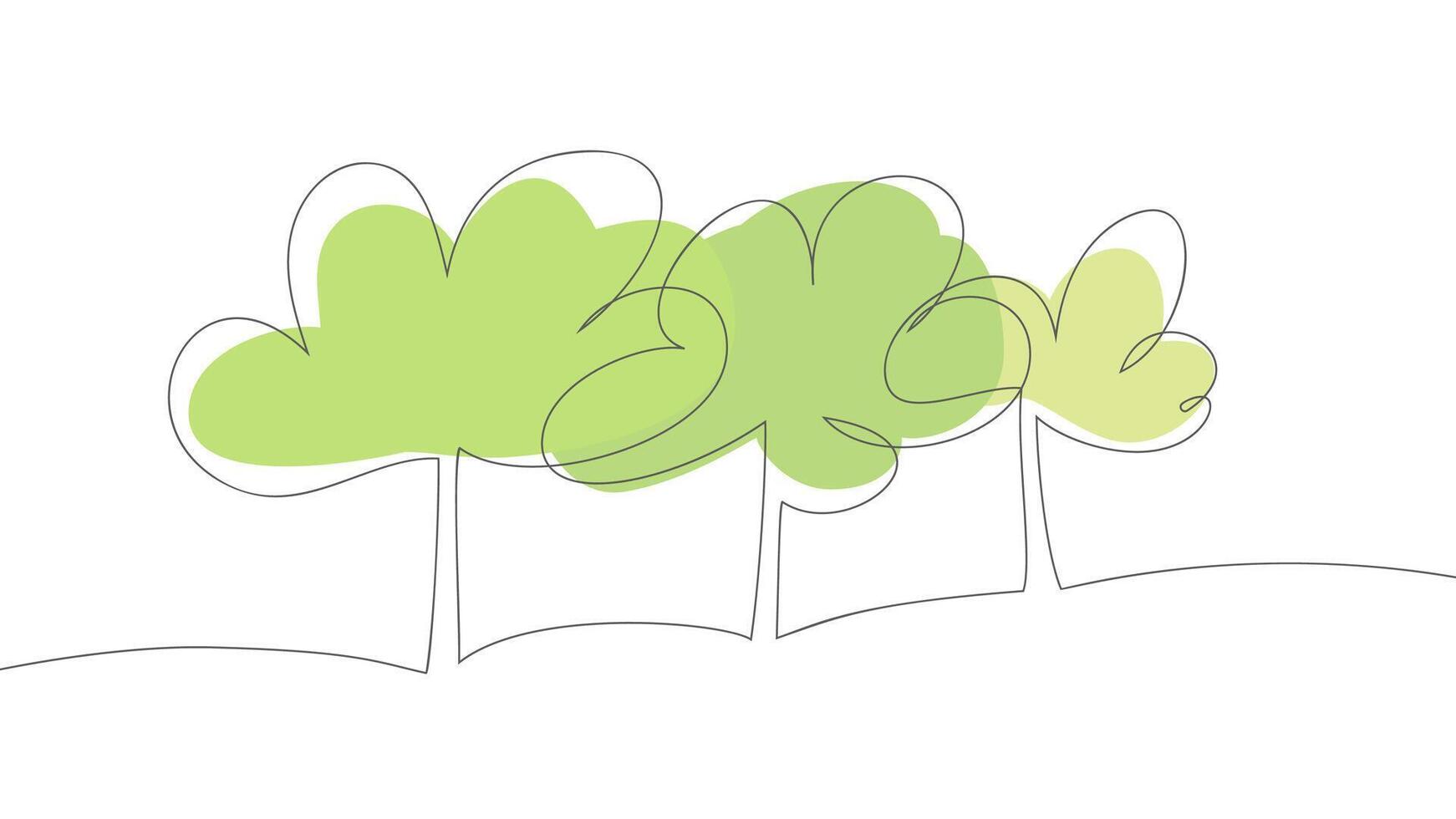 Trees. One line art drawing. Black lines with green forms on a white background. vector