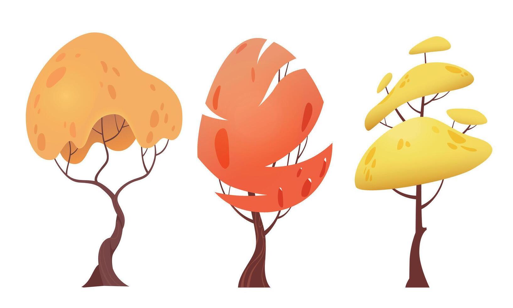 Set of minimalistic autumn trees. Environment design set. Various shaped trees orange, yellow and red leaves. Simple cartoon autumn trees vector