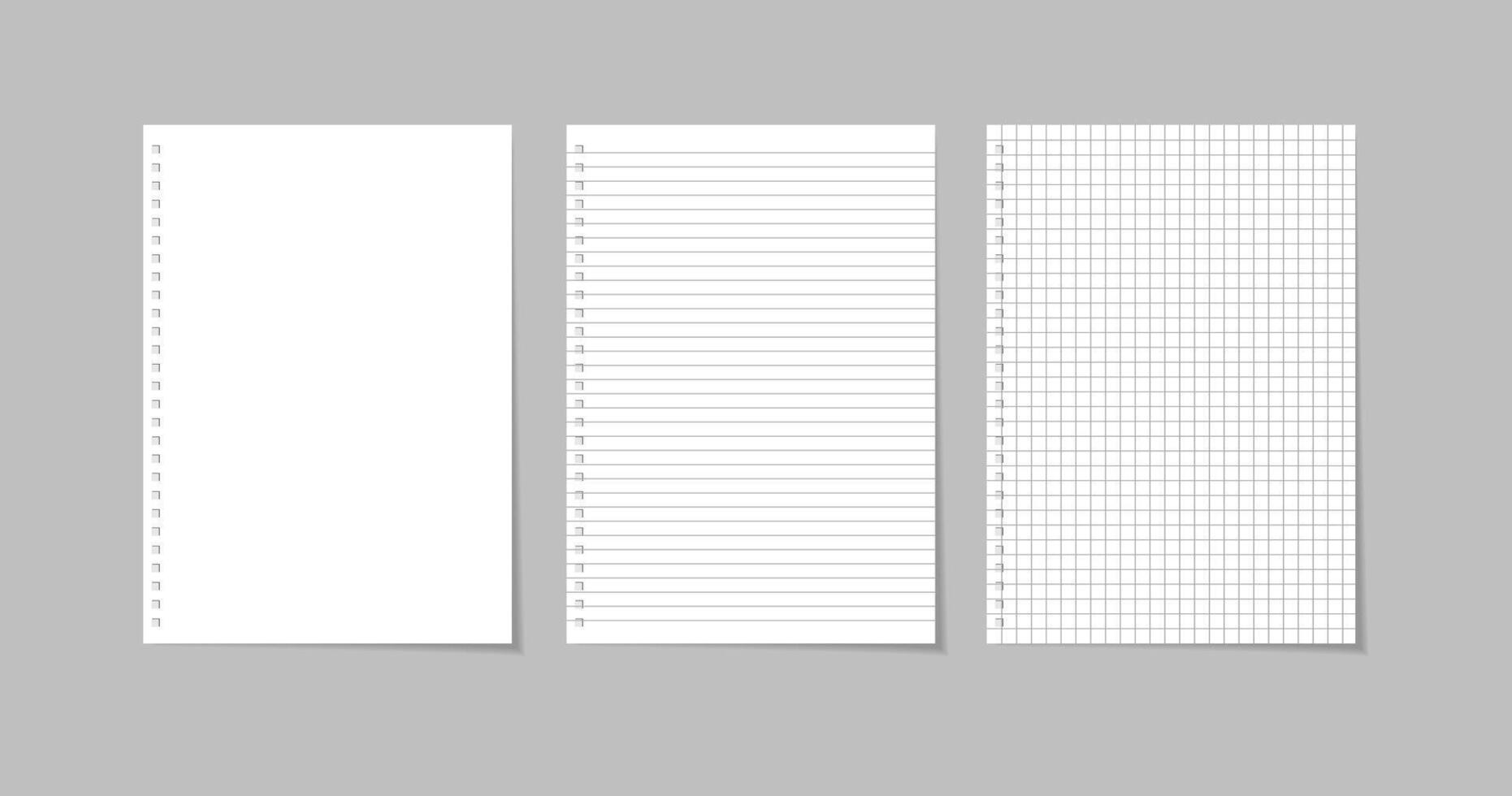 blank sheets of square and lined paper on a gray background with shadows vector