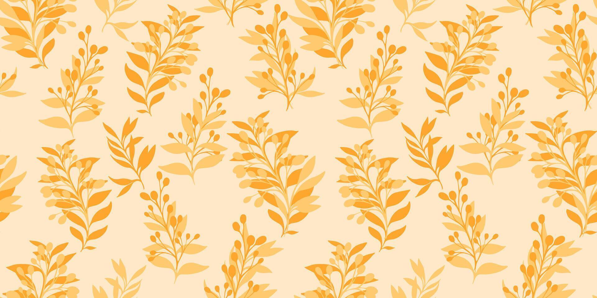 Monotone yellow pattern with abstract shape branches leaves on a light background. hand drawing sketch. Simple creative floral stems seamless print. Design for fashion, fabric, textiles vector