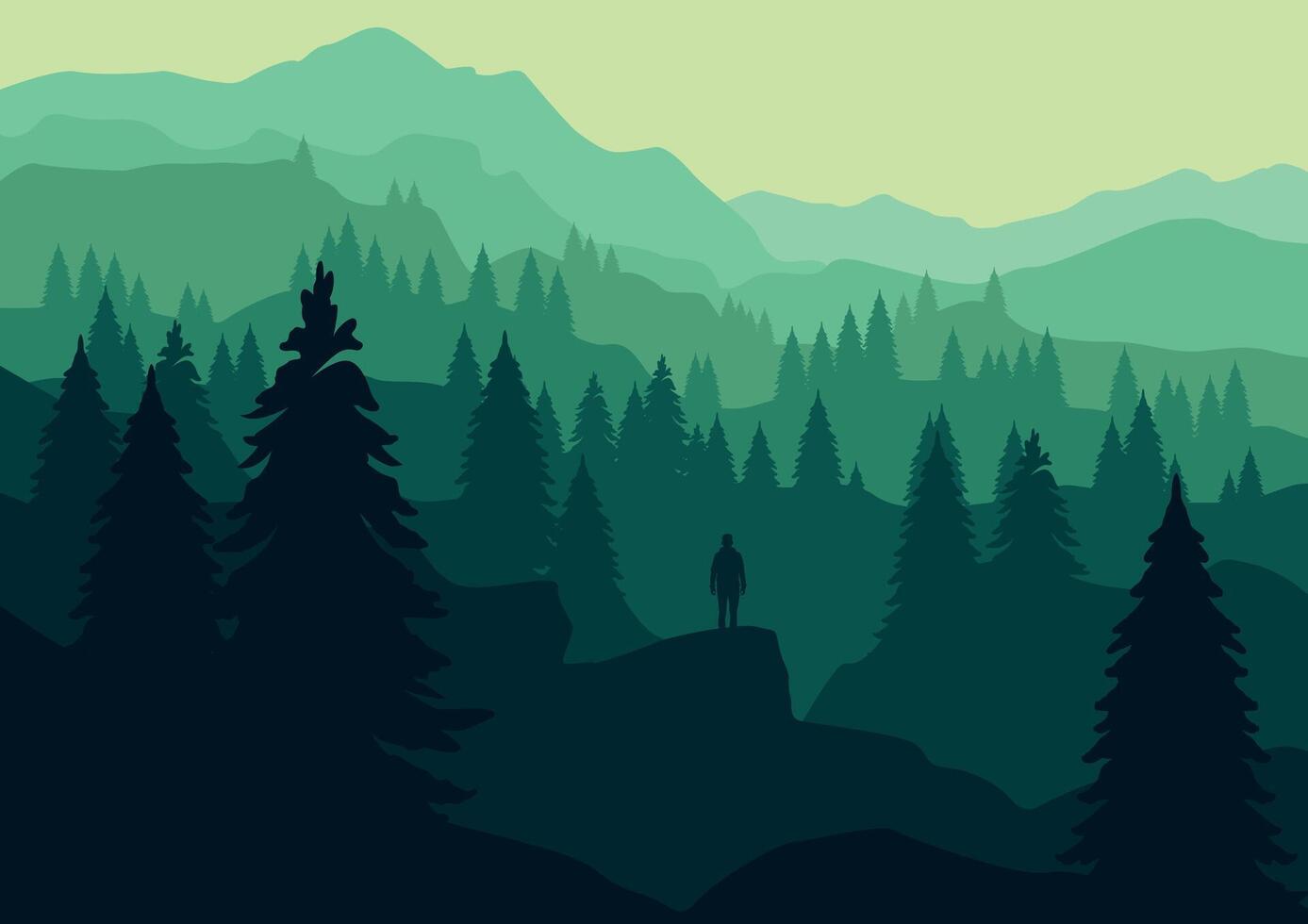 Landscape mountains and forest with traveler illustration. vector