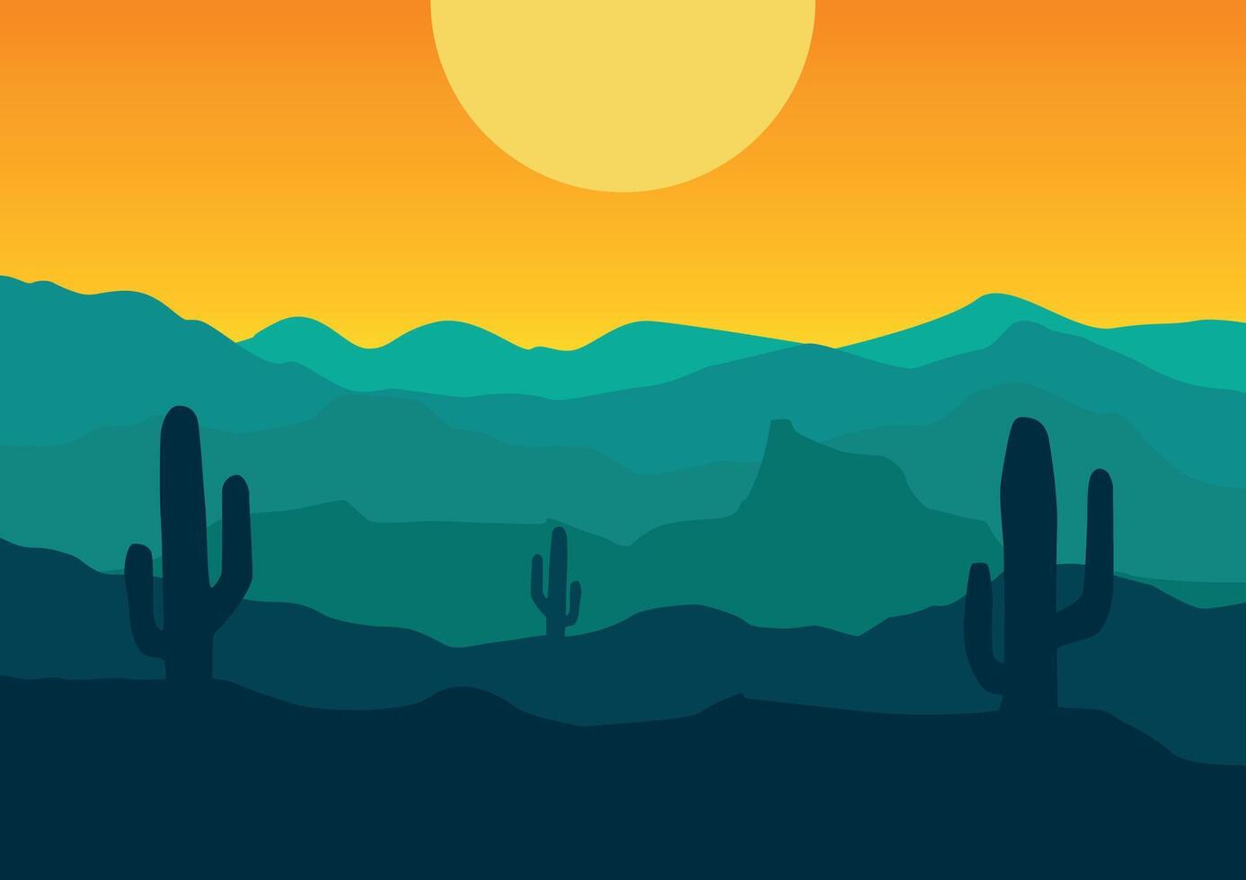 Desert with cactus when sunset or sunrise illustration vector