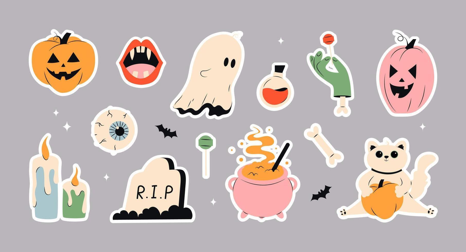 Happy Halloween set of elements, ghost, pumpkin, hat, candle, eye, grave and cat. Childish print for stickers, greeting card and decoration. is cute illustration in hand drawn style. vector