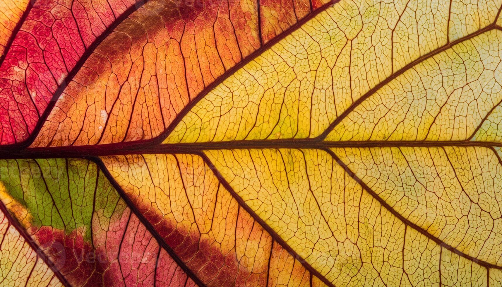Close-up of a delicate frost pattern over the intricate veins of a brown and red autumn leaf, highlighting nature's beauty in fall photo