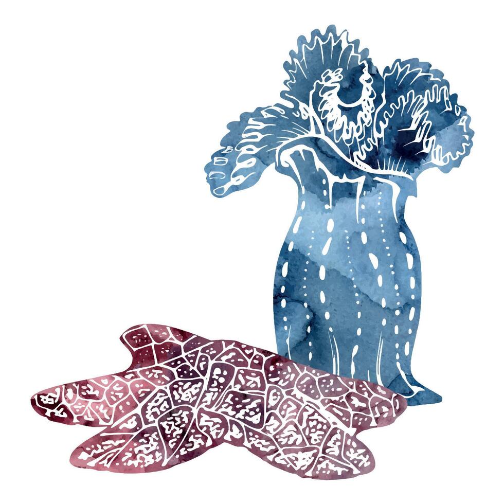 Watercolor and ink hand drawn marine life, sea ocean underwater creatures. fish, shells algae seaweed. Composition illustration, stylized, isolated on white. For zoo shop, aquarium, cosmetics, resort vector