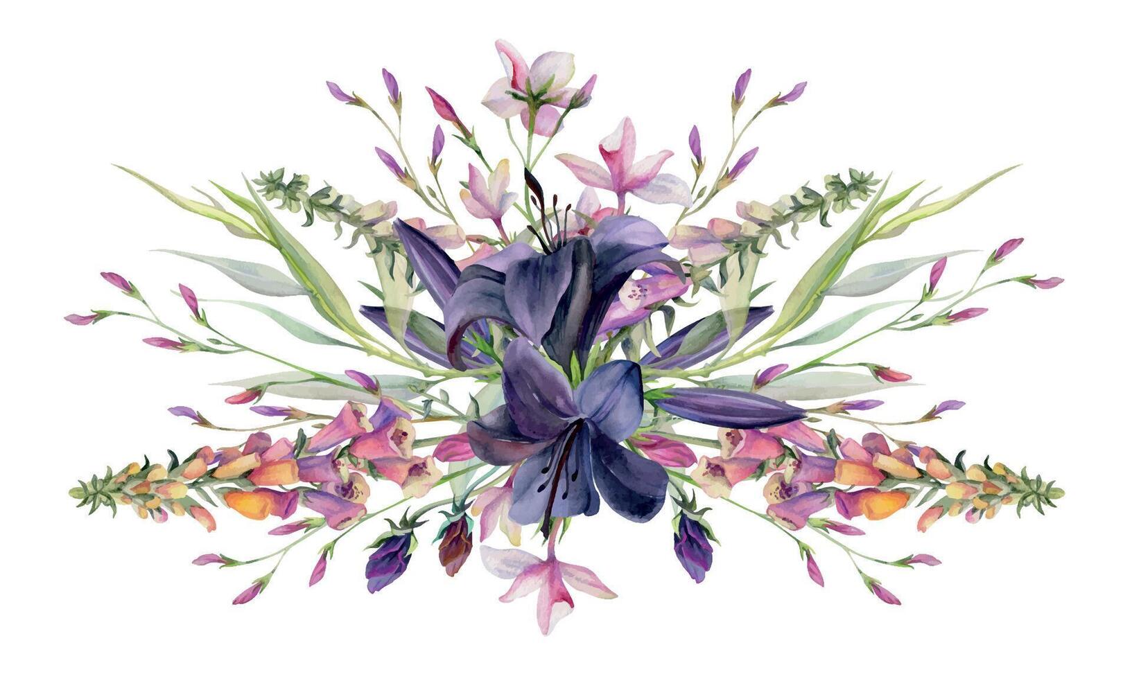 Hand drawn watercolor illustration botanical flowers leaves. Lily clivia amaryllis, foxglove snapdragon lupin, pink lobelia jasmine, willow eucalyptus. Bouquet isolated white. Design wedding, cards vector