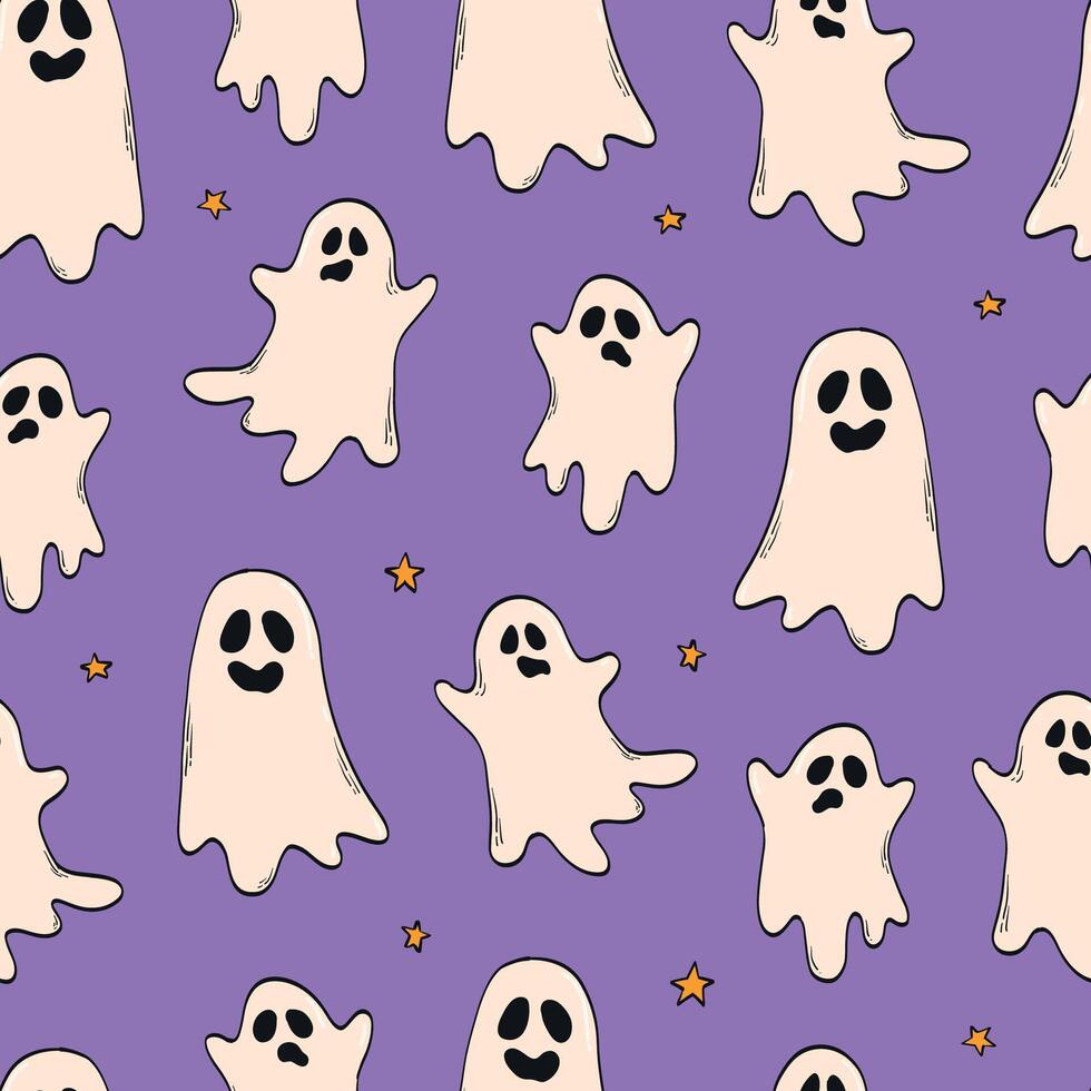 Halloween seamless pattern with ghosts on putple background. Good for wallpaper, textile prints, digital backgrounds, scrapbooking, etc. EPS 10 vector