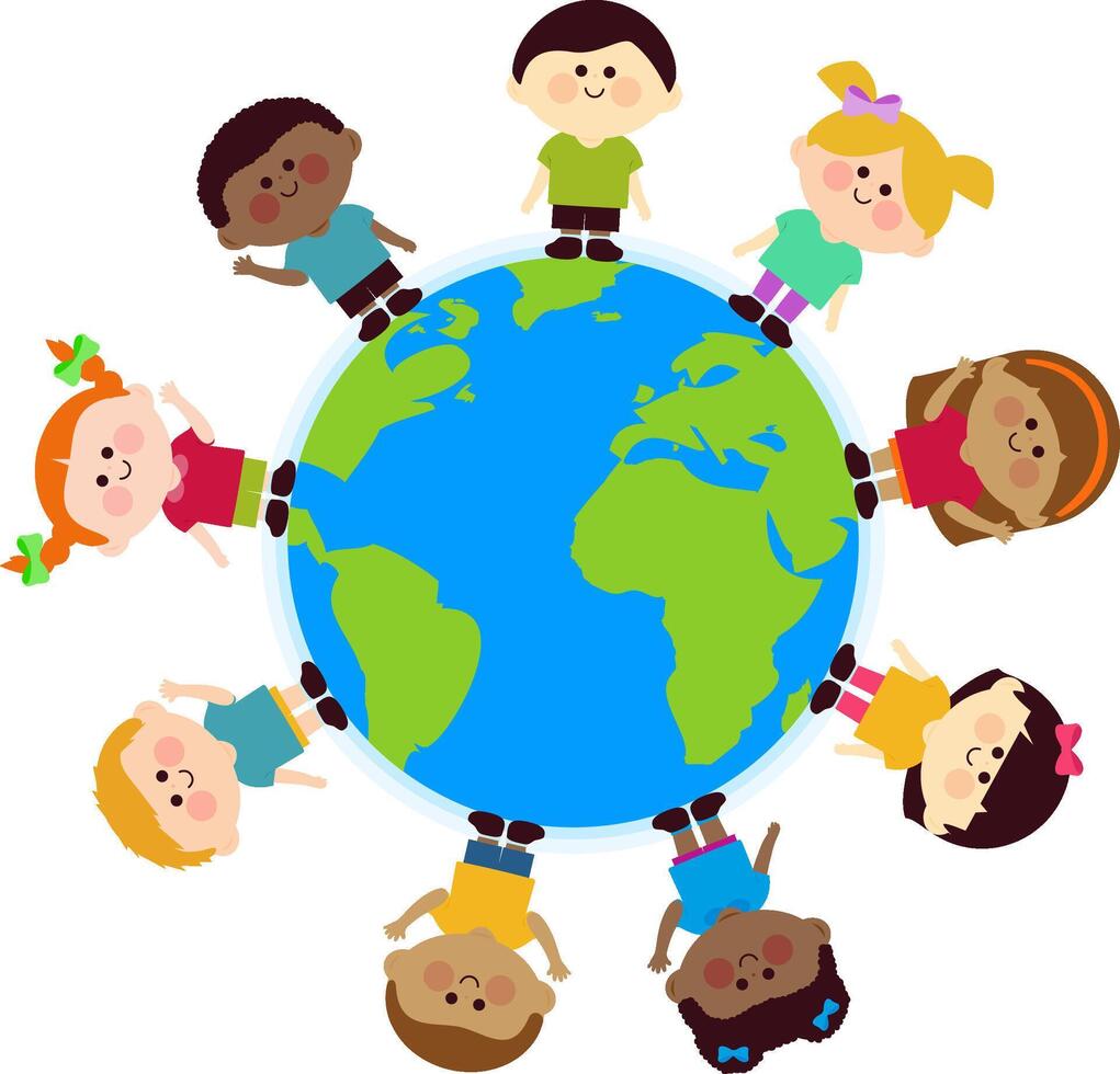 Happy diverse group of children around the world map. Multicultural group of children standing around the planet Earth. vector