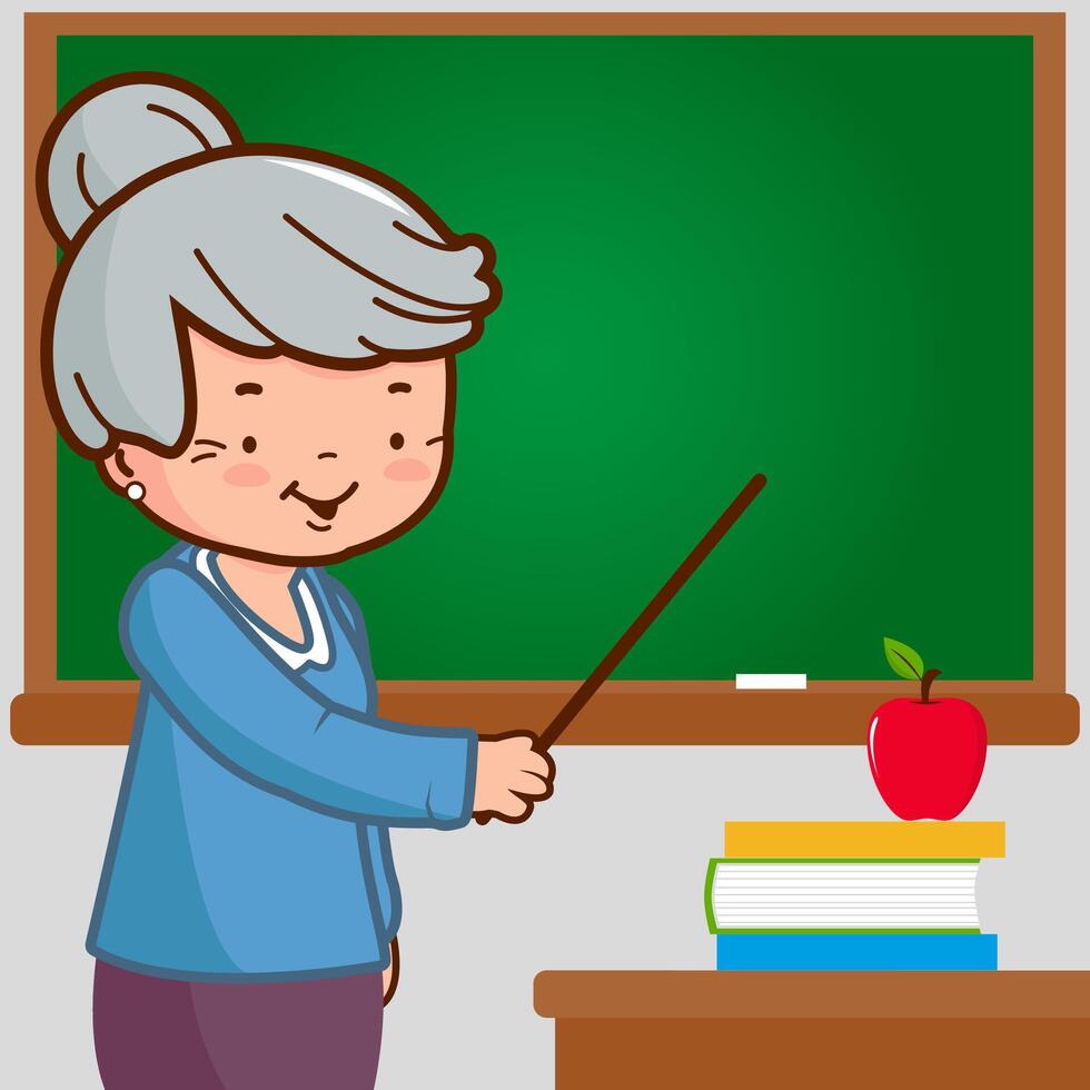 Senior female teacher standing near blackboard and teaching in the classroom. Elementary school teacher in front of the class room chalkboard for children students school lesson. vector