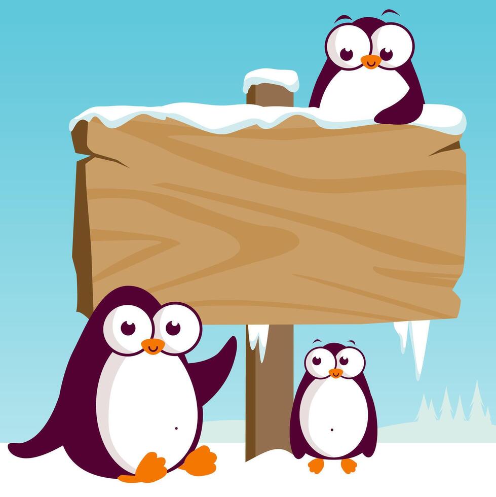 Blank wooden sign on a winter landscape with penguins in the snow. Frozen signboard background with cartoon penguins. vector