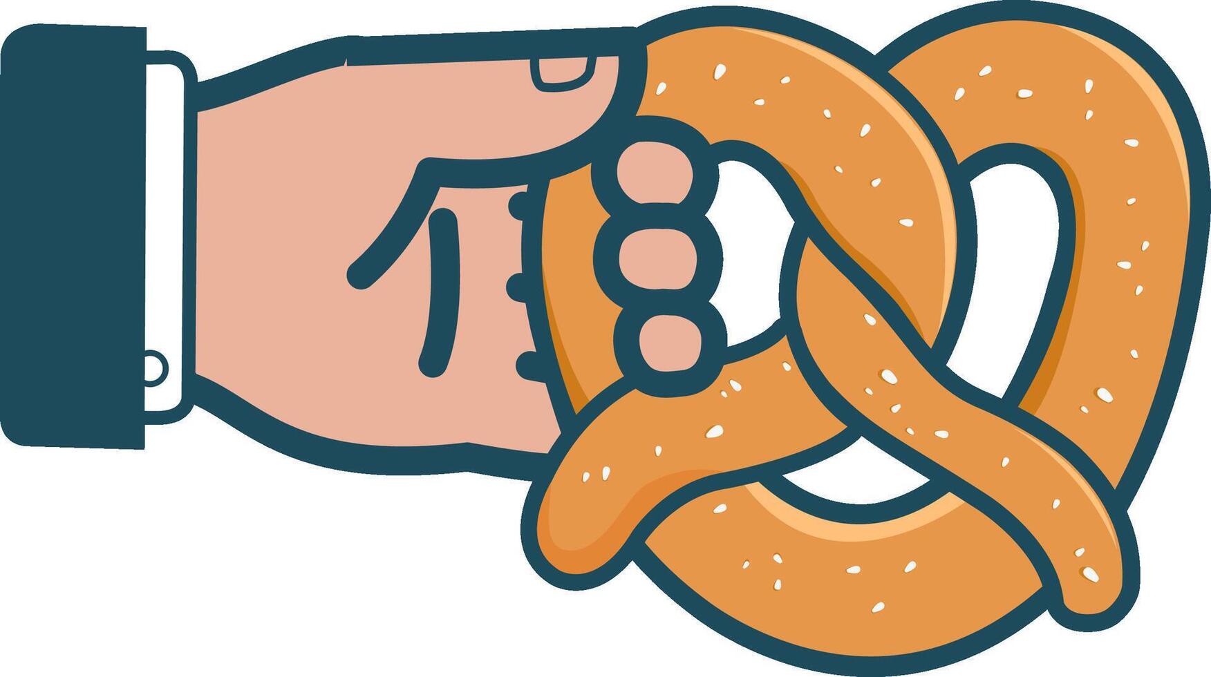 A businessman hand holding a pretzel. Office worker lunch break with bakery snack. Business icon symbol. vector