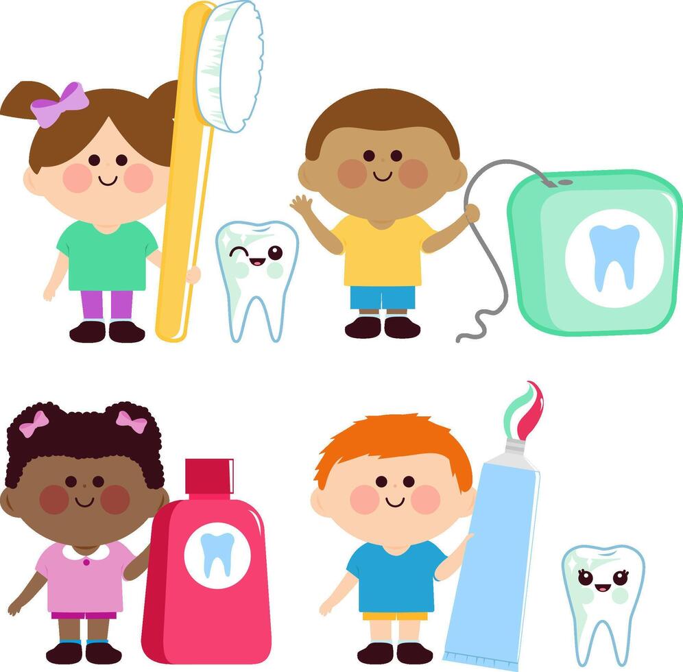 Set of children using dental hygiene objects. A toothbrush, toothpaste, dental floss and mouth wash. Kids at the dentist brushing teeth. vector