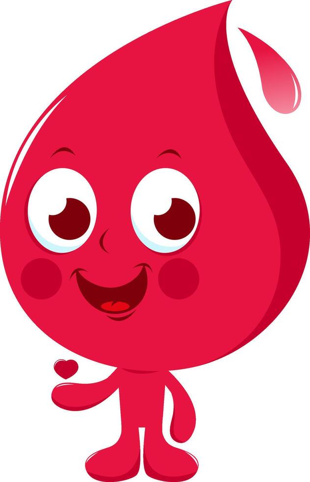 A cartoon blood drop holding a red heart. Blood donation concept character. Cute happy smiling blood drop cartoon. vector