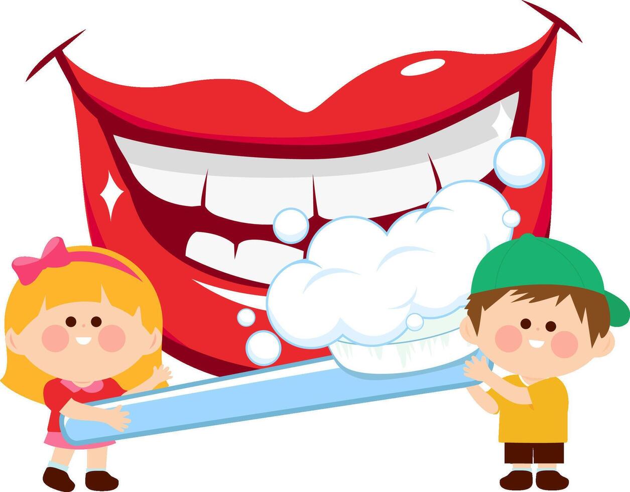 Smiling mouth, kids holding a toothbrush and brushing teeth. Happy children dental hygiene. vector