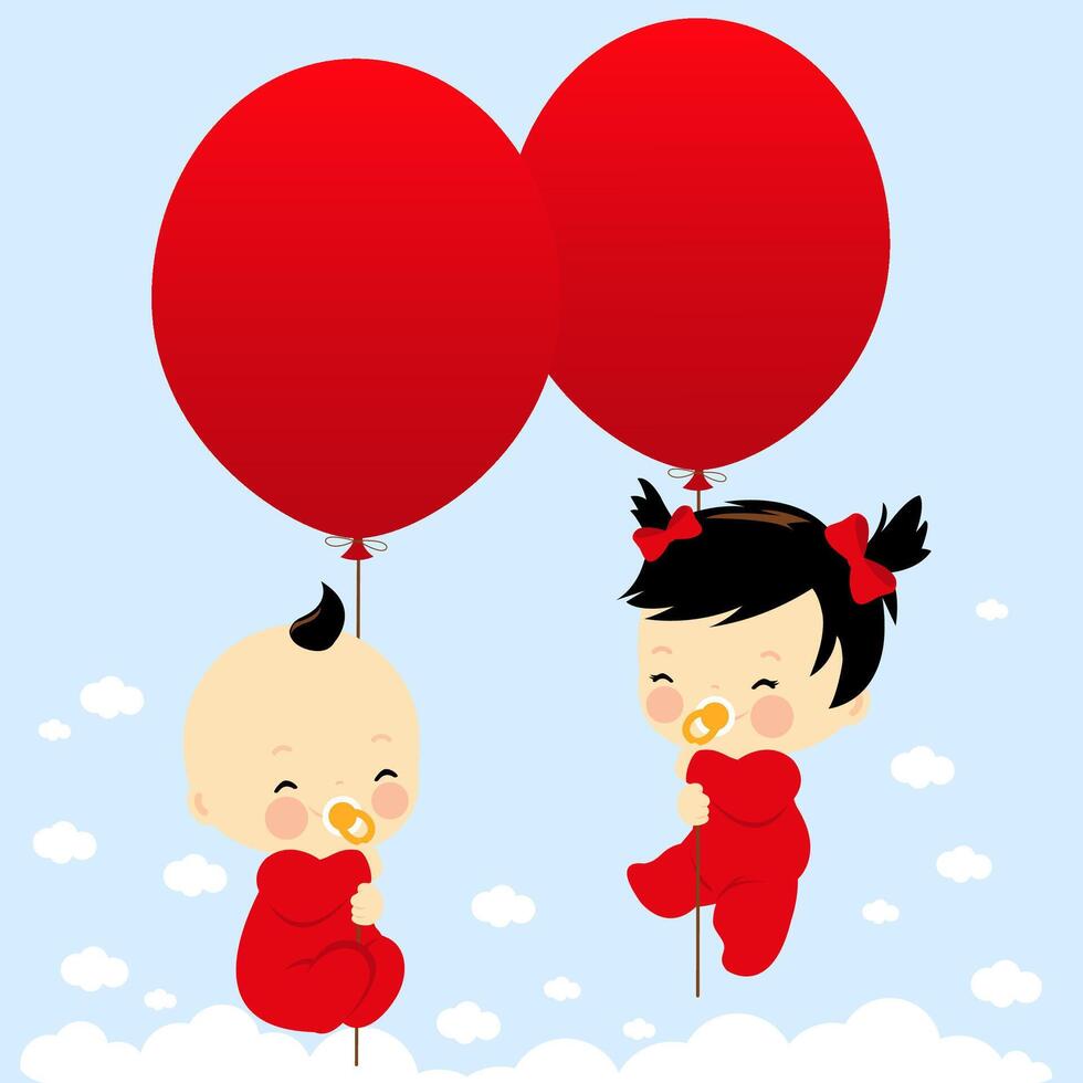 Twin babies holding balloons in the sky. Cute newborn babies flying in the sky. Baby shower party with red balloons. vector